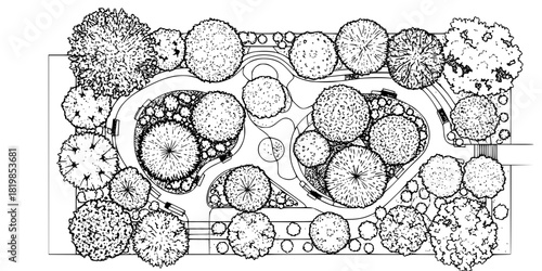 Top view tree canopies, landscape design, architectural plan, foliage diversity, botanical illustration, urban planning, garden layout, greenery clipart, environment element