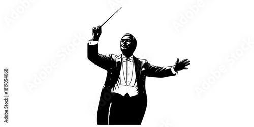 Orchestra conductor silhouette, maestro with baton, classical music director poses, symphony leader gestures, formal attire, conducting performance, music illustration