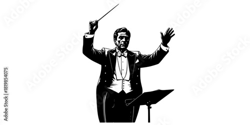 Orchestra conductor silhouette, maestro with baton, classical music director poses, symphony leader gestures, formal attire, conducting performance, music illustration