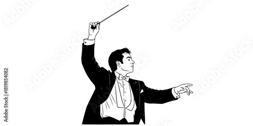 Orchestra conductor silhouette, maestro with baton, classical music director poses, symphony leader gestures, formal attire, conducting performance, music illustration