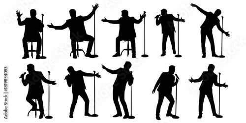 Silhouette performer with microphone, stand‑up comedy poses, public speaking gestures, seated and standing expressions, entertainment stage show illustration design artwork