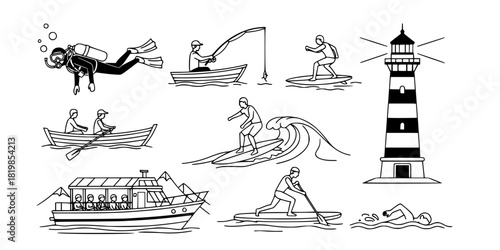 Marine and water activities vector set with scuba diving, fishing, rowing, surfing, lighthouse, boat tours, paddleboarding, and swimming illustrations