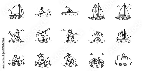 Marine and water activities vector set with scuba diving, fishing, rowing, surfing, lighthouse, boat tours, paddleboarding, and swimming illustrations