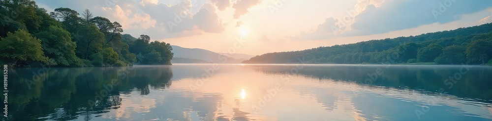 Fototapeta premium A serene lakeside scene; tranquil water reflects a peaceful sky, embodying the calm and restorative power of rest and loyalty , shadow, lake