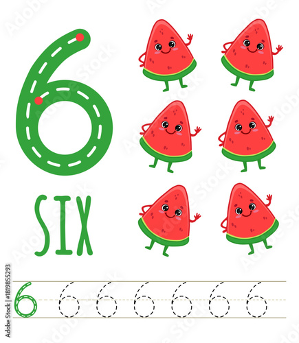 number six for kids with cute cartoon watermelon. Learning to count. Math game with fruits for preschool and school children. Count and trace. Vector