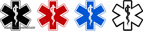 Collection of emergency medical services logos, featuring the Star of Life symbol in black, red, and blue variations, representing rescue and ambulance operations