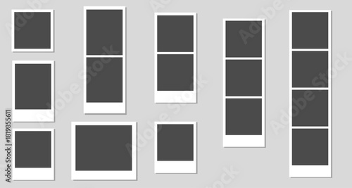 Collection of empty instant photo frames, various orientations and strip designs for collages, ideal for memories, galleries, or social media mockups