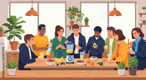 Diverse group preparing healthy fruit smoothies together in bright kitchen