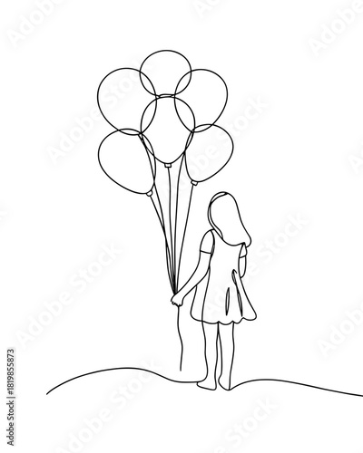 Girl holding balloons while standing on a hilltop in line art style  