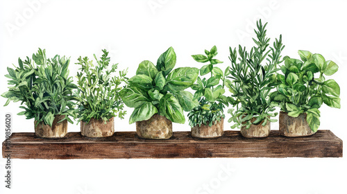 A watercolor painting of a variety of fresh herbs in small pots displayed on a rustic wooden shelf.