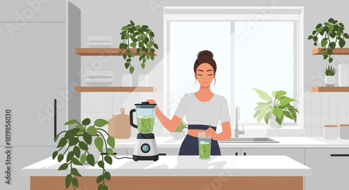 Serene woman blending a vibrant green smoothie in her sunlit minimalist kitchen