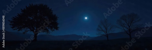 A still, dark night scene; inky black sky, a sliver of moon barely visible, trees silhouetted against the darkness, conveying a sense of quiet stillness and mystery , gloom, forest, celestial