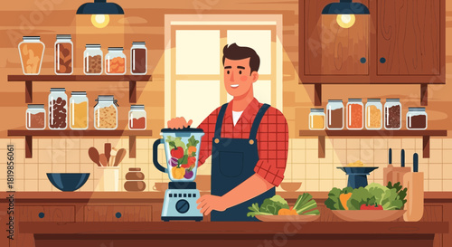 Man Preparing Healthy Drink in Kitchen Setting Filled with Fresh Produce