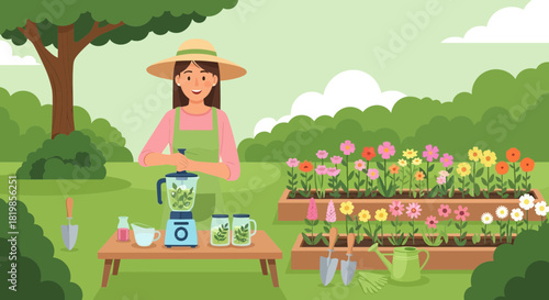 Woman prepares natural beauty product from plants in a lush flower garden