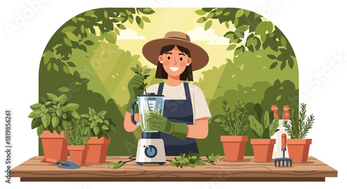 Woman blending fresh herbs in a garden setting for natural lifestyle concepts