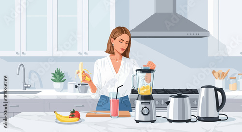 Woman preparing healthy smoothie with a blender in a modern kitchen setting