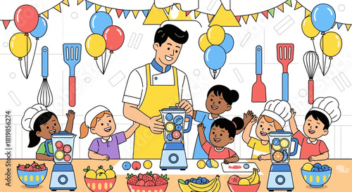 Happy diverse children learning to make a healthy smoothie with a professional chef