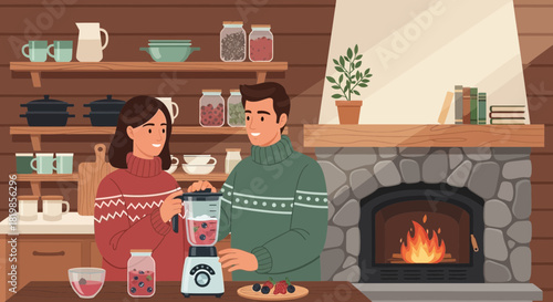 Cozy winter kitchen scene with couple preparing berry smoothie by the fireplace