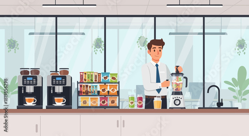 Animated office worker preparing a smoothie in the corporate kitchen space