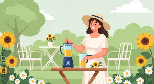 Woman preparing a healthy drink in a blender in a beautiful garden scene