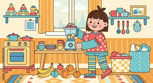 Little girl preparing a smoothie in a colorful kitchen with toys and fruits
