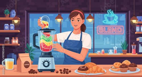 Vibrant Smoothie Creation: A cheerful barista blending a colorful layered smoothie
