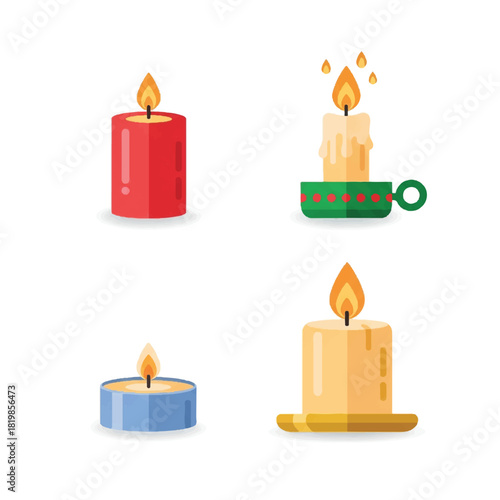 Collection of Four Lit Candles in Various Styles and Colors.