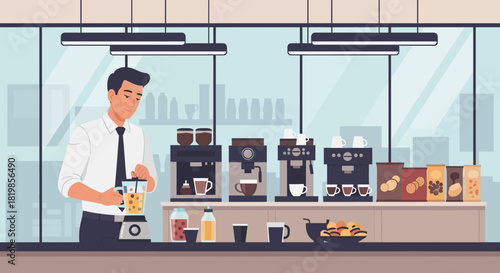 A Modern Office Breakroom Scene with a Blend of Refreshments and Social Gathering