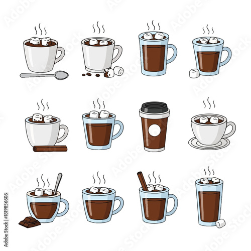 Collection of Hot Chocolate Drinks with Marshmallows and Spices.
