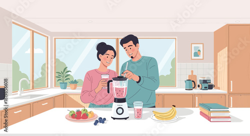 Couple making healthy smoothie together in a bright and modern kitchen illustration