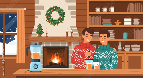 Cozy Winter Getaway: Two Men Enjoying Warm Drinks by the Fireplace in a Cabin