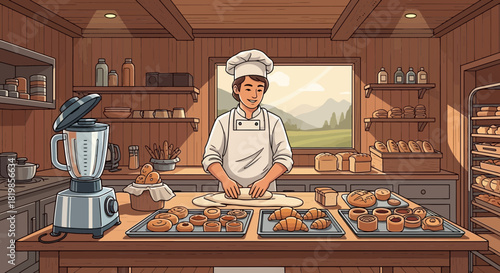 Baker preparing dough in a rustic bakery filled with freshly baked goods