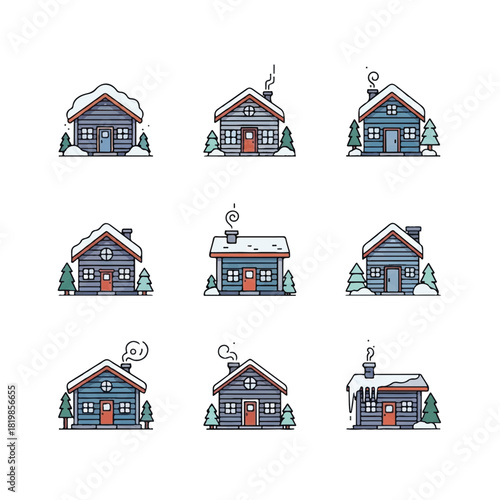 Collection of Pixel Art Winter Cabins with Snow and Smoke.