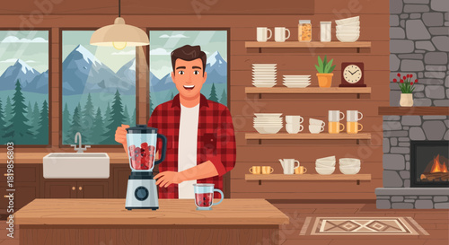 Man Preparing Fresh Fruit Smoothie in Cozy Cabin Kitchen with Mountain View
