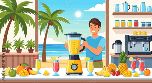 Tropical paradise: Man preparing refreshing smoothie in a beachside cafe