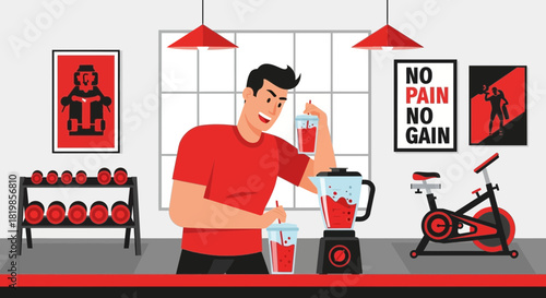 Healthy lifestyle: man preparing a post-workout smoothie in a home gym setting