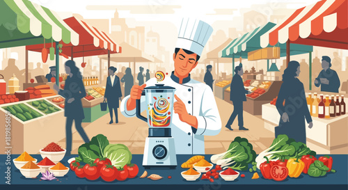 Chef preparing healthy smoothie with fresh ingredients at vibrant outdoor market