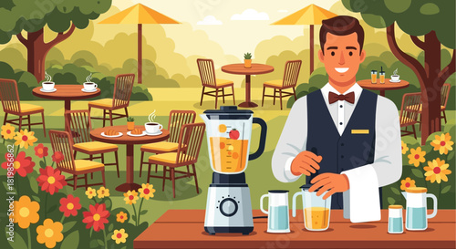 Charming outdoor café setting with a cheerful waiter preparing refreshing beverages