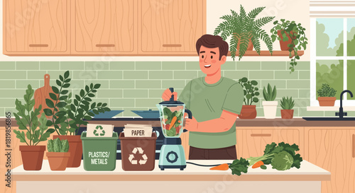 Eco-Conscious Man Blending Fresh Produce in a Green Kitchen Environment