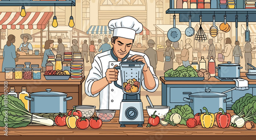 Illustration of a Chef Preparing Food in a Kitchen Overlooking a Busy Outdoor Market