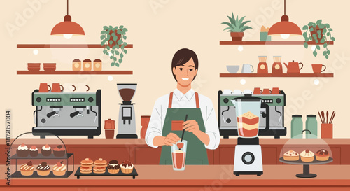 Vibrant cafe scene illustration, barista blending drink with modern equipment and pastries