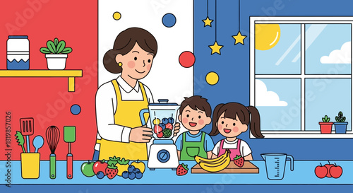 Cartoon illustration showcasing family making smoothies together in a vibrant kitchen scene