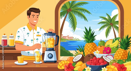 Man preparing a tropical fruit smoothie with a scenic ocean view behind him