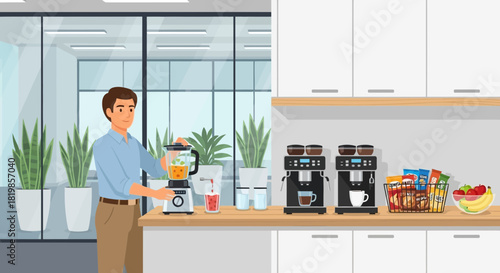 Illustration of a modern office break room with a man preparing a smoothie