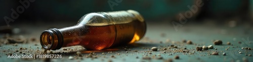 Close-up of a discarded beer bottle, hinting at the consequences of alcoholism Empty, dusty, and slightly tilted, reflecting a sense of neglect and loneliness , support, rehab