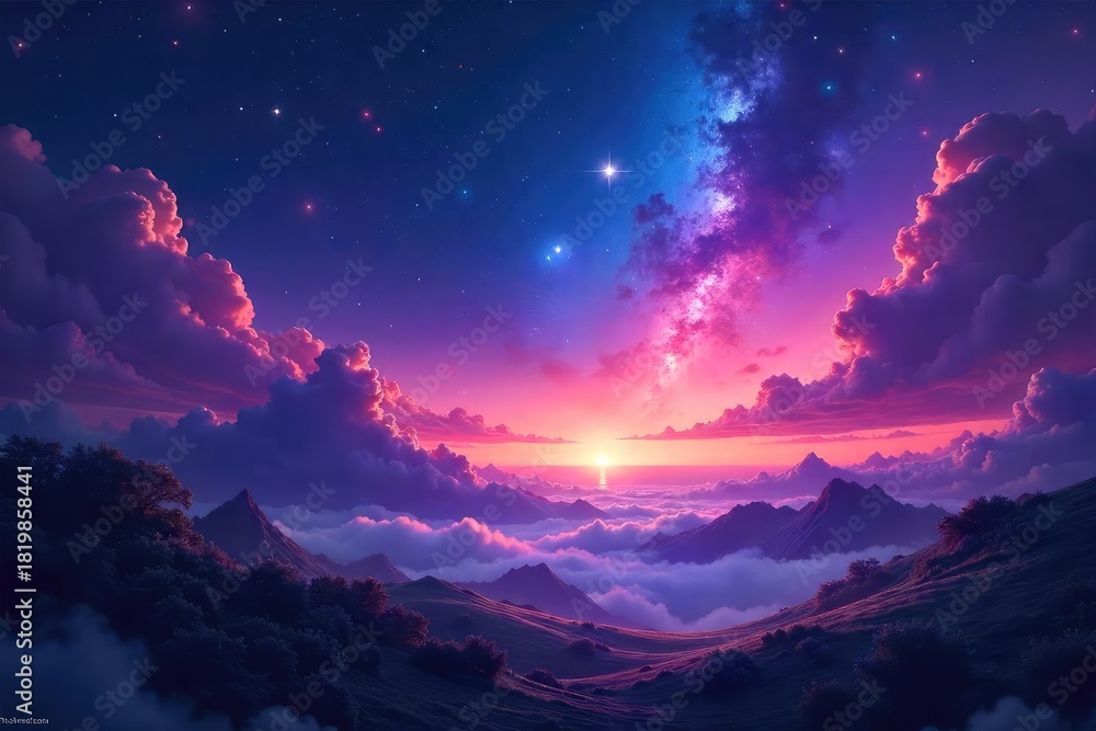 Naklejka premium Ethereal celestial landscape at twilight, swirling nebulae paint a mystical sky Stars gleam, adding to the otherworldly atmosphere Perfect for fantasy, sci-fi, or spiritual projects , magical, blue