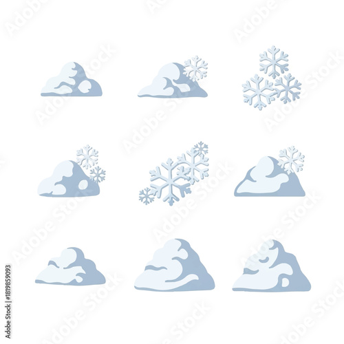 Collection of Snow Piles and Snowflakes for Winter Designs.