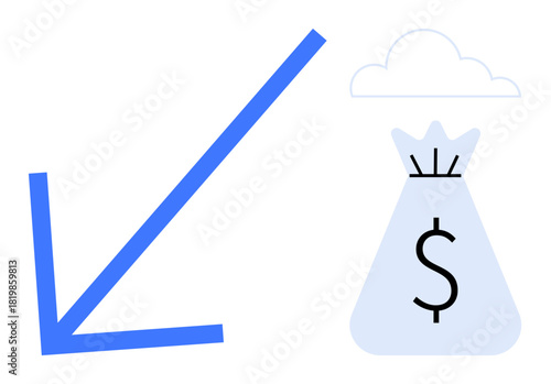 Declining arrow and money bag visualizing economic loss, business downturn, or budget deficit. Ideal for financial issues, stock market analysis, recession trends, wealth management, business risks