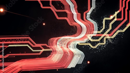 Futuristic Abstract Background: Dynamic Digital Landscape with Neon Red and White Lines and Sci-Fi Electronic Circuit Patterns