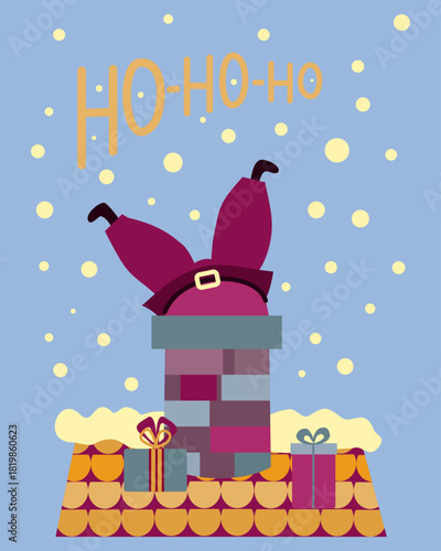 Cartoon Christmas scene with Santa stuck in a chimney on a snowy roof with gifts, winter holiday theme, playful festive illustration